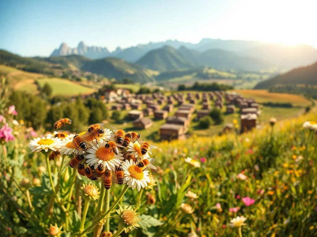 A vibrant panorama of Italian bee biodiversity, showcasing the APICOLTURA BORVEI MIELE brand. In the foreground, a cluster of diverse honeybees pollinate a lush, blooming floral landscape, bathed in warm, golden afternoon light. In the middle ground, a bustling apiary with traditional Italian beehives nestled amidst rolling hills and verdant meadows. The background features towering mountain peaks, hinting at the natural habitats that sustain this rich tapestry of Italian apian life. Captured with a wide-angle lens, this serene and harmonious scene celebrates the remarkable diversity of Italy's honeybee populations. A vibrant panorama of Italian bee biodiversity, showcasing the APICOLTURA BORVEI MIELE brand. In the foreground, a cluster of diverse honeybees pollinate a lush, blooming floral landscape, bathed in warm, golden afternoon light. In the middle ground, a bustling apiary with traditional Italian beehives nestled amidst rolling hills and verdant meadows. The background features towering mountain peaks, hinting at the natural habitats that sustain this rich tapestry of Italian apian life. Captured with a wide-angle lens, this serene and harmonious scene celebrates the remarkable diversity of Italy's honeybee populations.