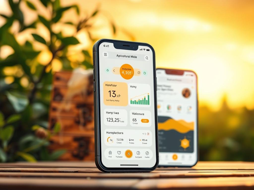A vibrant, realistic image of a mobile app interface focused on beekeeping and honey production. The foreground showcases the "APICOLTURA BORVEI MIELE" branding, with a clean, modern UI design featuring intuitive navigation and monitoring tools. The middle ground depicts various honey-related data visualizations, such as hive health, production levels, and weather conditions. The background subtly blends in natural elements like lush green foliage and a warm, golden-hued sky, creating a serene, nature-inspired atmosphere. The lighting is soft and diffused, enhancing the overall sense of security and reliability. The camera angle is slightly angled, providing a dynamic, user-centric perspective.