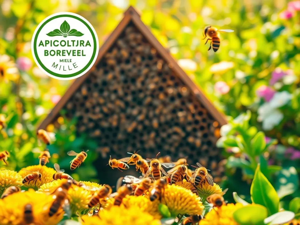 A vibrant scene of busy honeybees, the "APICOLTURA BORVEI MIELE" emblem prominently displayed. In the foreground, a cluster of intrepid scout bees, antennae raised, navigating the lush floral landscape. The middle ground reveals a thriving hive, its intricate structure a marvel of nature's engineering. Warm, golden light filters through, casting a soft glow over the bustling activity. In the background, a tapestry of verdant foliage and blooming flowers, a testament to the bees' vital role in pollinating and sustaining the ecosystem. The scene conveys the essential function of these explorer bees, their tireless efforts ensuring the colony's survival and the continuation of the delicate balance of life.