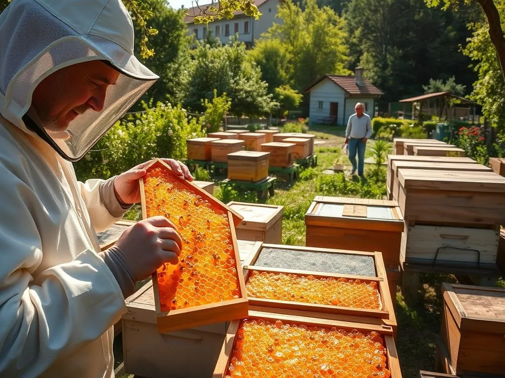 A vibrant scene of honey production, showcasing the intricate process from beehive to jar. In the foreground, a skilled beekeeper in a white protective suit carefully extracts frames laden with glistening golden honeycombs. The middle ground reveals rows of traditional wooden hives, surrounded by lush greenery and blooming flowers. Sunlight filters through the scene, casting a warm, organic glow. In the background, a rustic farmhouse and a small apiary signify the artisanal nature of this Apicoltura operation. The overall mood evokes a sense of traditional craftsmanship, sustainability, and the natural abundance of Italy's honey-making heritage.
