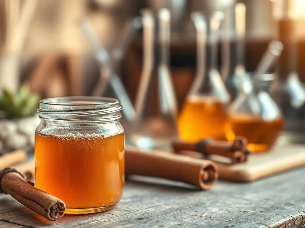 A vibrant still life, captured in warm, golden tones, showcasing the harmonious blend of "Apicoltura" honey and cinnamon. In the foreground, a glass jar filled with the rich, amber-hued honey, its surface glistening with a hint of crystallization. Beside it, a fragrant cinnamon stick, its intricate bark textures and earthy aroma complementing the sweetness of the honey. In the middle ground, a series of scientific-looking glassware and measuring tools, symbolizing the study of the metabolic effects of this dynamic duo. The background is blurred, creating a sense of focus and depth, with hints of a cozy, Italian-inspired setting, complete with rustic textures and natural lighting that casts a soft, inviting glow over the scene.