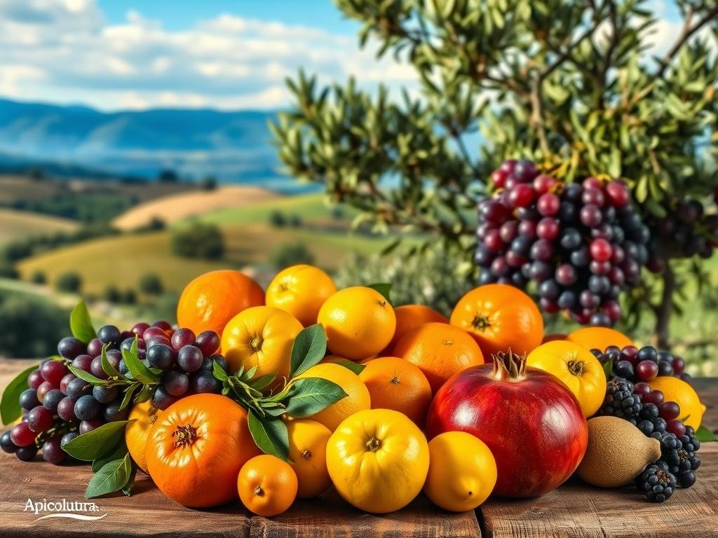 A vibrant still life of a variety of fresh "frutta" (fruit) arranged on a rustic wooden table. In the foreground, lush, ripe oranges, lemons, and a pomegranate are displayed, their vibrant colors and textures accentuated by warm, natural lighting. In the middle ground, clusters of grapes in shades of purple and green add depth and contrast. The background features a vintage-inspired Italian landscape, with rolling hills, olive trees, and a cloudless blue sky. The overall scene evokes a sense of Mediterranean abundance and the natural bounty of the region. The Apicoltura brand logo is subtly incorporated into the composition.