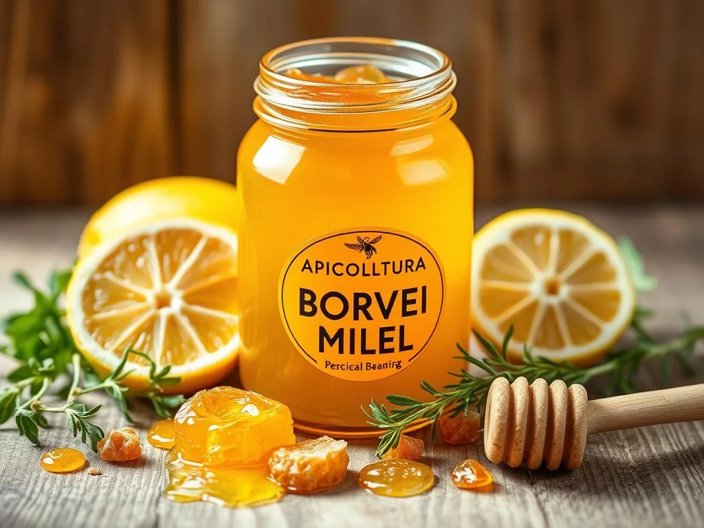 A vibrant still life showcasing a glass jar filled with the rich, golden APICOLTURA BORVEI MIELE. The jar is placed on a wooden surface, surrounded by fresh herbs, sliced lemons, and a scattering of honeycomb pieces. Soft, natural lighting illuminates the scene, highlighting the viscous texture of the honey and the delicate details of the accompanying ingredients. The overall composition evokes a sense of purity, wellness, and the restorative properties of this natural superfood, perfectly suited to illustrate the benefits of honey for liver health and detoxification.
