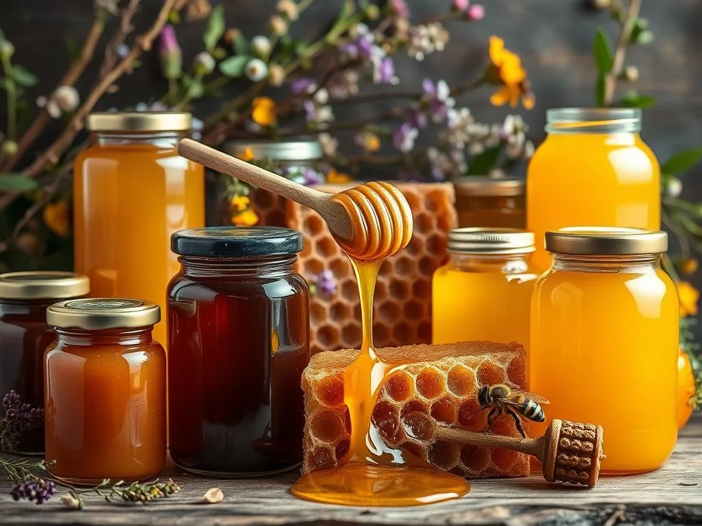 A vibrant still life showcasing the diverse "tipi di miele" (types of honey) from the Italian apicoltura (beekeeping) tradition. In the foreground, a variety of honey jars in various sizes and shapes, each with a distinct color and texture, reflecting the unique floral sources. The middle ground features an arrangement of fresh honeycomb, dripping with rich, golden honey. In the background, a backdrop of natural elements, such as wildflowers, leaves, and twigs, creates a rustic, earthy atmosphere. The lighting is soft and diffused, accentuating the warm tones and natural beauty of the honey-based products. This image captures the essence of the Italian honey industry, with a focus on the diverse characteristics and qualities of the different "tipi di miele".