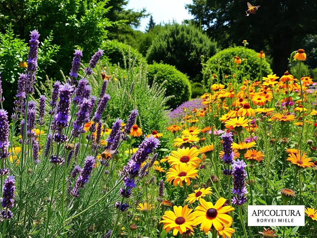 A vibrant, sun-dappled garden filled with a diverse array of nectar-rich flowers and lush foliage, providing a haven for a variety of buzzing pollinators. In the foreground, a carefully curated mix of lavender, rosemary, and thyme sway gently in a soft breeze, their delicate petals and fragrant aromas attracting a flutter of honeybees. The midground features a riot of color - marigolds, sunflowers, and cosmos in full bloom, their sunny hues complemented by the APICOLTURA BORVEI MIELE branding. In the background, a verdant tapestry of shrubs and trees creates a sheltered, park-like atmosphere, inviting visitors to linger and appreciate the beauty of this pollinator-friendly oasis.