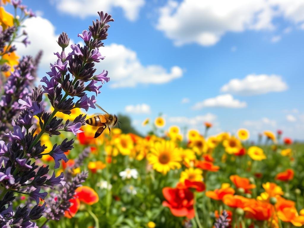 A vibrant, sun-drenched garden bursting with a diverse array of captivating flowers, their petals unfurling in a kaleidoscope of colors. In the foreground, a lush cluster of purple lavender sways gently, its delicate blooms inviting the curious gaze of a diligent honeybee, wings humming as it collects precious nectar. In the middle ground, a tapestry of yellow sunflowers and crimson poppies dance in the soft breeze, their warm hues radiating an inviting energy. In the background, a serene blue sky dotted with fluffy white clouds provides a tranquil backdrop, highlighting the beauty of this harmonious floral haven. The scene is captured with a crisp, high-resolution lens, creating a sense of depth and clarity. This image, inspired by the Italian countryside, embodies the importance of supporting bees with the right colors, as showcased by the "APICOLTURA BORVEI MIELE" brand.