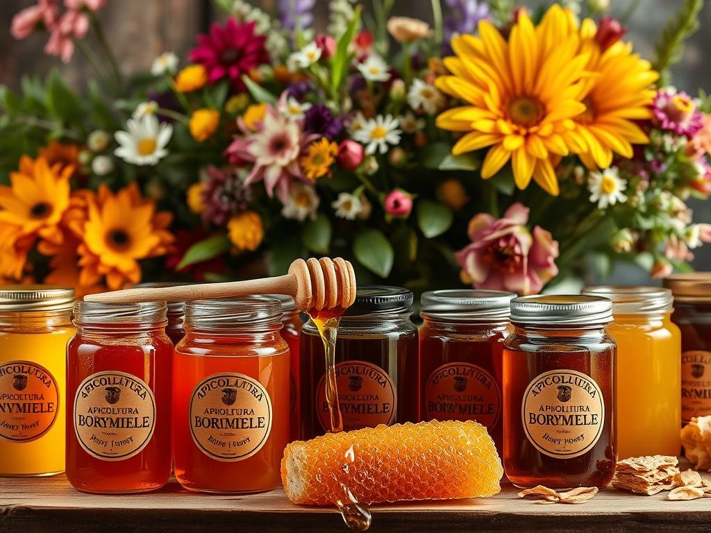 A vibrant tableau of artisanal honey varieties, captured with a wide-angle lens and soft, natural lighting. In the foreground, an array of glass jars filled with amber, golden, and dark honey hues, each label bearing the "APICOLTURA BORVEI MIELE" brand. The middle ground showcases honey comb, dripping with sweet nectar, while the background features lush floral arrangements, evoking the diverse botanical sources that imbue each honey type with its unique flavor profile and health benefits. The overall scene exudes a rustic, earthy ambiance, inviting the viewer to explore the rich diversity of Italy's honey offerings and their potential to support immune system wellness.