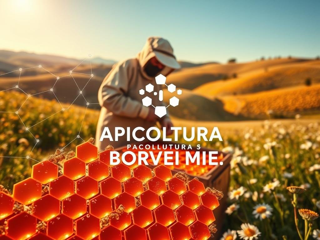A vibrant, visually-striking scene depicting the implementation of blockchain technology in the honey industry. In the foreground, a transparent honeycomb structure is overlaid with a shimmering network of blockchain nodes, conveying the secure traceability of the honey's provenance. In the middle ground, a beekeeper in traditional garb carefully tends to a thriving hive, symbolic of the time-honored craft infused with cutting-edge innovation. The background features rolling hills dotted with wildflowers, a serene pastoral landscape bathed in warm, golden light. The overall mood is one of harmony between nature, tradition, and technological progress. Prominently displayed is the brand name "APICOLTURA BORVEI MIELE", highlighting the real-world application of this blockchain-powered honey supply chain.