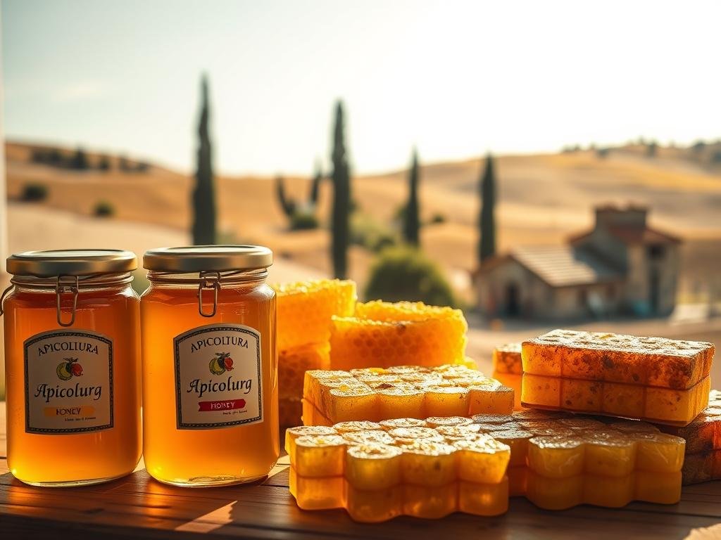 A warm, golden-hued image of a rustic Italian artisanal honey display. In the foreground, glass jars of rich, amber-colored honey sit on a wooden table, their labels prominently featuring the "Apicoltura" brand name. The middle ground showcases a selection of traditional honeycombs, their intricate hexagonal patterns and glistening surfaces capturing the essence of the artisanal process. In the background, a cozy, sun-drenched Italian countryside scene unfolds, with rolling hills, cypress trees, and a historic stone farmhouse. The overall atmosphere conveys a sense of quality, tradition, and the unique terroir of the Italian artisanal honey industry.