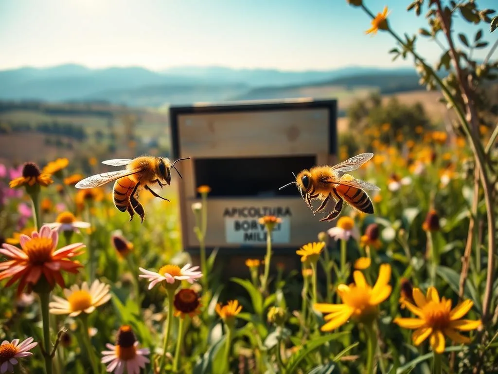 A warm, sun-dappled meadow, where honeybees dance between vibrant wildflowers. In the foreground, two worker bees engage in a intricate choreography, their antennae touching as they exchange vital information. In the middle ground, the hive entrance stands as a gateway to the bustling colony, its entrance marked with the APICOLTURA BORVEI MIELE brand. The background features a rolling Italian countryside, with distant hills and a hazy blue sky. The scene is captured with a wide-angle lens, emphasizing the interconnectedness of the bees' communication and their natural environment. Soft, natural lighting casts a golden glow, conveying a sense of harmony and productivity.