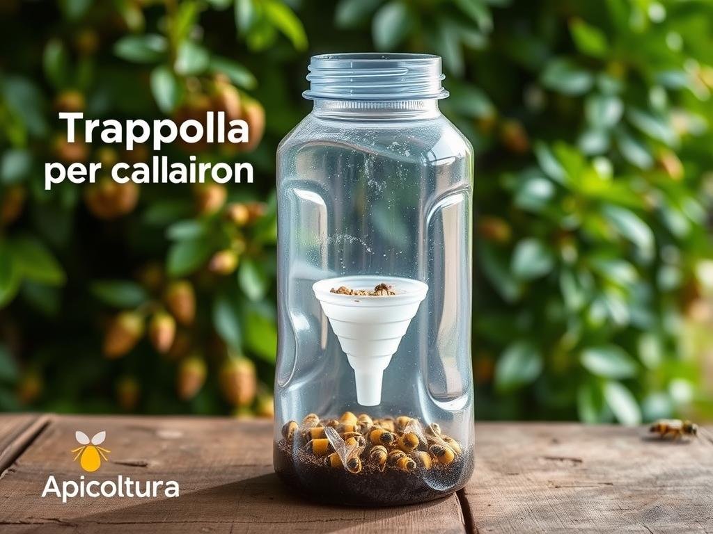 A well-crafted homemade "trappola per calabroni" (wasp trap) made from a plastic bottle, prominently displayed on a rustic wooden surface. The trap features a clear body, allowing a view of the bait inside, and a funnel-shaped entrance that lures the wasps in. The lighting is soft and natural, illuminating the intricate design details. In the background, a lush green foliage backdrop evokes an organic, countryside setting. The overall mood is one of practical self-sufficiency, showcasing the advantages of a simple, effective DIY solution over commercial alternatives. The Apicoltura brand name is subtly incorporated into the scene, reinforcing the apiculture theme.