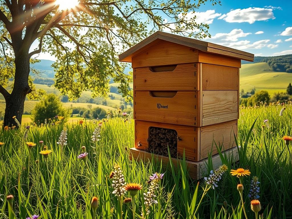 A well-crafted wooden "Apicoltura" beehive nestled in a lush, verdant meadow. Sunlight filters through the trees, casting a warm, golden glow over the scene. In the foreground, a swarm of honeybees buzz around the hive's entrance, while in the middle ground, colorful wildflowers sway gently in the breeze. The background features rolling hills and a cloudless blue sky, creating a serene and tranquil atmosphere. The image captures the essence of a traditional Italian apicolture, highlighting the natural harmony between bees, their hive, and the surrounding environment.