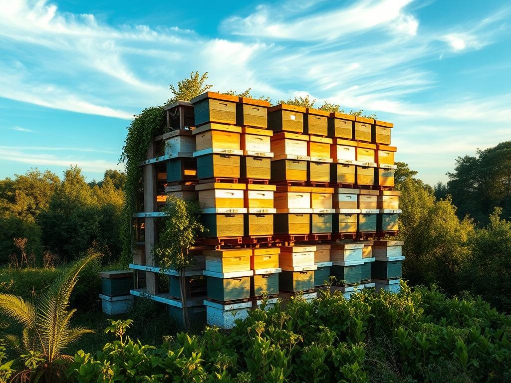 A well-designed, vertical apiary with multiple levels of Apicoltura beehives, nestled amidst a lush, verdant landscape. The hives are arranged in a visually appealing, symmetrical pattern, casting warm, golden light across the scene. The background features a serene, azure sky with wispy clouds, creating a sense of tranquility. The overall composition emphasizes the harmonious integration of the apiary with its natural surroundings, highlighting the importance of selecting the right orientation and layout for beehive placement.