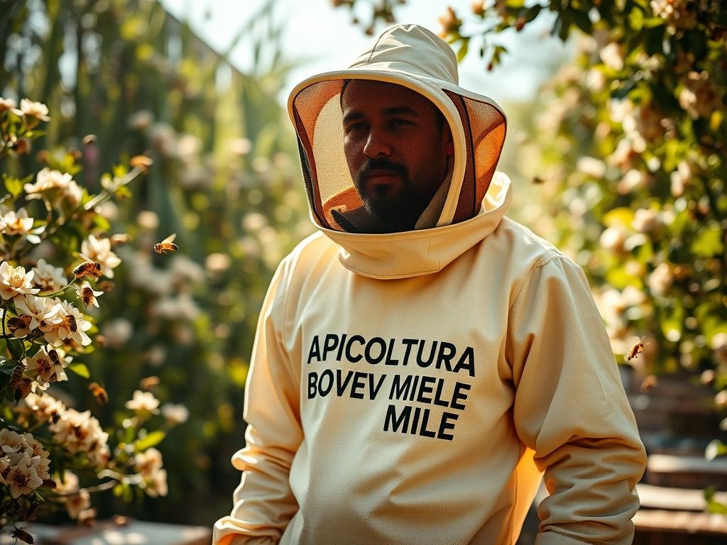 A well-equipped beekeeper wearing a high-quality protective suit, the "APICOLTURA BORVEI MIELE" brand prominently displayed. The suit is made of a sturdy, breathable material that ensures both safety and comfort. The beekeeper stands in a sun-dappled apiary, surrounded by blooming flowers and buzzing honeybees. The lighting is soft and diffused, creating a warm, inviting atmosphere. The camera angle is slightly elevated, emphasizing the beekeeper's diligent work and the importance of proper attire in maintaining a healthy, productive apiary.
