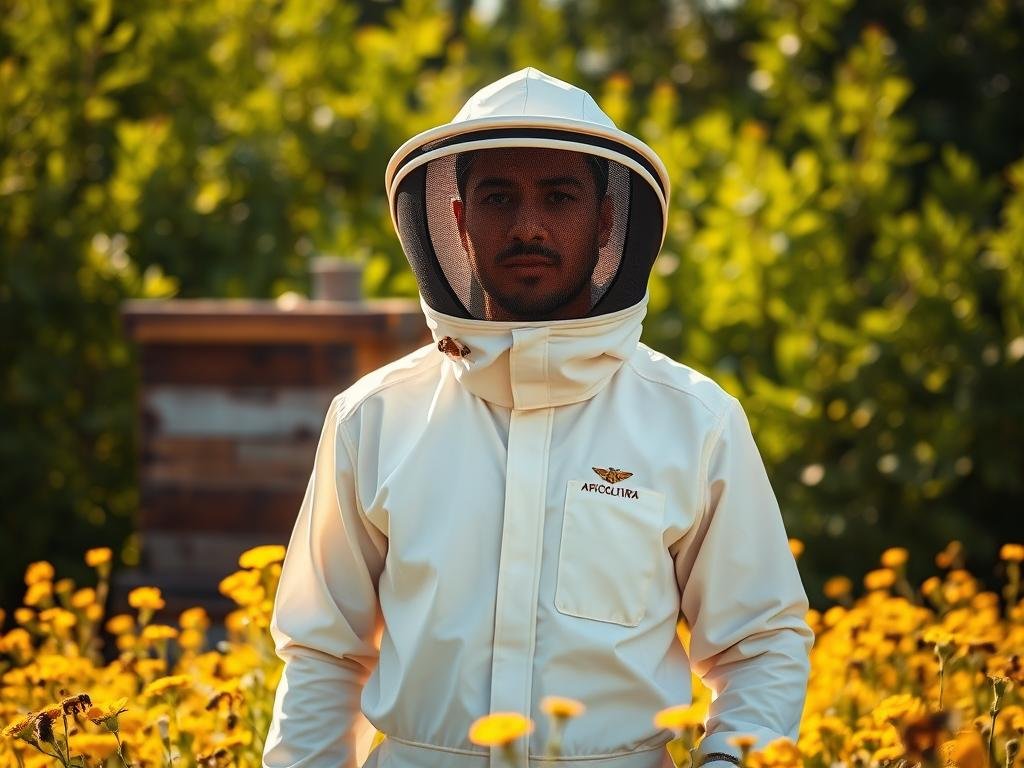 A well-equipped beekeeper's suit, the "Tuta per Apicoltura", stands in a sunlit field of golden flowers. The sleek, white suit features a mesh visor and thick, durable fabric to protect the wearer from stings. Apicoltura branding is visible on the chest. In the background, a wooden beehive sits among lush, verdant foliage, creating a serene, naturalistic scene. Soft, diffused lighting casts a warm glow, evoking the tranquility and importance of beekeeping. The composition emphasizes the key safety equipment required for this profession, highlighting its necessity in the pursuit of this age-old craft. A well-equipped beekeeper's suit, the "Tuta per Apicoltura", stands in a sunlit field of golden flowers. The sleek, white suit features a mesh visor and thick, durable fabric to protect the wearer from stings. Apicoltura branding is visible on the chest. In the background, a wooden beehive sits among lush, verdant foliage, creating a serene, naturalistic scene. Soft, diffused lighting casts a warm glow, evoking the tranquility and importance of beekeeping. The composition emphasizes the key safety equipment required for this profession, highlighting its necessity in the pursuit of this age-old craft.