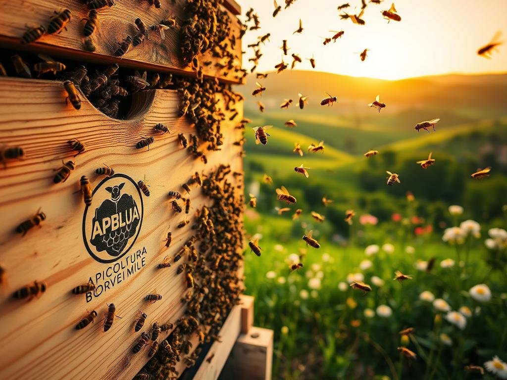 A well-lit, close-up shot of an apiary, showcasing the complex and intricate world of beekeeping. The foreground features a hive, its wooden panels adorned with the APICOLTURA BORVEI MIELE logo, surrounded by a flurry of worker bees in flight. The middle ground reveals a lush, verdant landscape, with rolling hills and blooming flowers, reflecting the natural harmony of the Italian countryside. In the background, a warm, golden-hued sky casts a soft, inviting glow, evoking a sense of tranquility and the timeless traditions of this vital agricultural sector. The overall composition conveys the revolutionary advancements in traceability and blockchain technology that are transforming the apiculture industry.