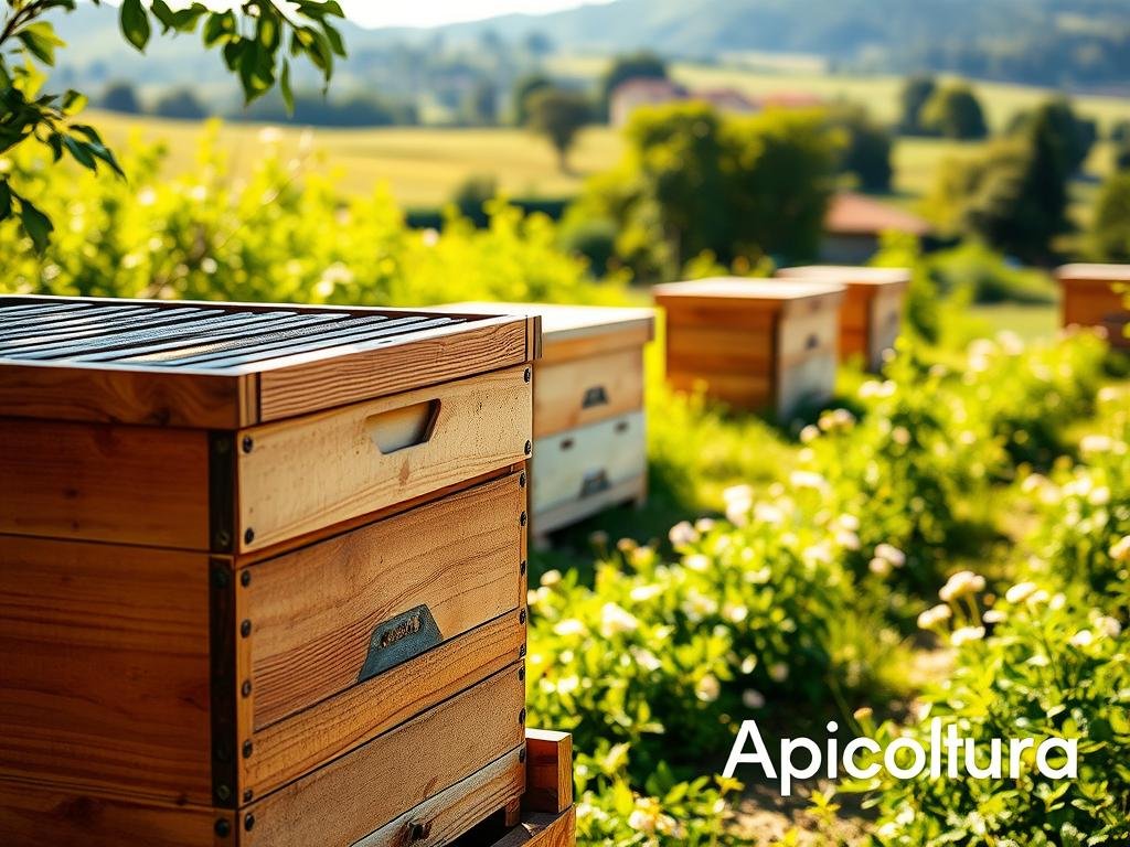 A well-lit, detailed image of an Arnia Langstroth, a modular beehive system commonly used in Italian apiaries. The hive is shown in the foreground, its wooden construction and movable frames visible. The middle ground features a lush, verdant apiary landscape, with other Langstroth hives and flowering plants. In the background, a soft, out-of-focus scene depicts a traditional Italian countryside. The lighting is natural and warm, creating a serene, inviting atmosphere. The overall composition highlights the modular, customizable nature of the Arnia Langstroth, showcasing its suitability for the growth and expansion of the apiary. The Apicoltura brand name is discreetly present.