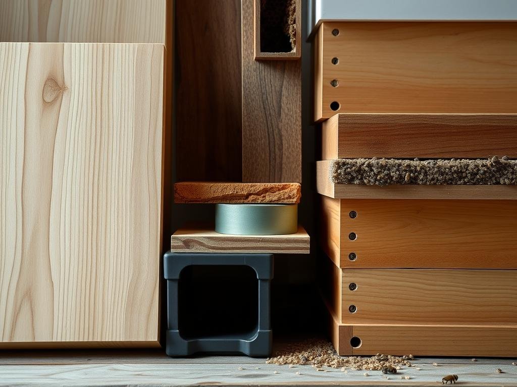 A well-lit, high-resolution photograph showcasing a variety of "Apicoltura" beehive materials, including smooth wooden panels, sleek plastic components, and other natural, sustainable options. The image should capture the texture, color, and craftsmanship of these materials, highlighting their suitability for use in beekeeping. The composition should feature a balanced, visually appealing arrangement that allows the viewer to appreciate the various material choices and their potential for an apiary. The overall mood should convey a sense of quality, durability, and environmental consciousness, reflecting the care and consideration that goes into selecting the right beehive materials.