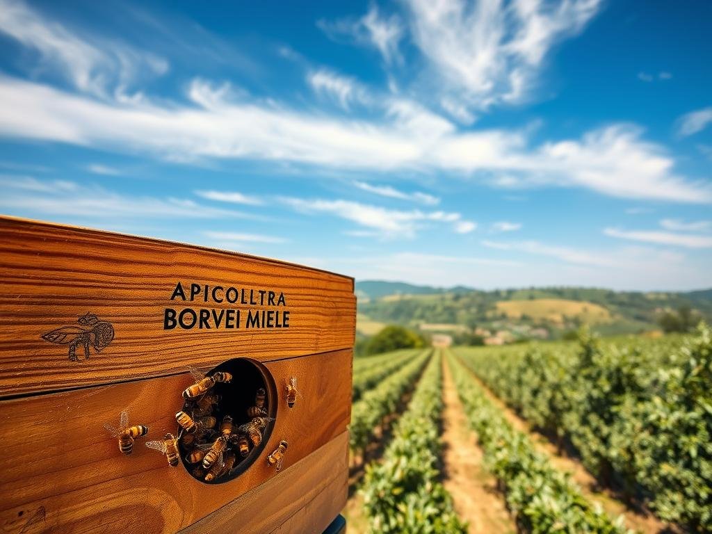 A well-lit, large-scale image showcasing the unique characteristics of Italian honeybees. In the foreground, a cluster of docile, golden-hued bees buzz around the entrance of a traditional wooden beehive, adorned with the "APICOLTURA BORVEI MIELE" logo. The middle ground reveals rows of lush, verdant Italian countryside, with rolling hills and olive groves in the distance. The background features a clear, azure sky with wispy clouds, capturing the warm, Mediterranean atmosphere. The overall composition highlights the resilience and adaptability of the Italian honeybee species, emphasizing their importance within the region's rich ecosystem.