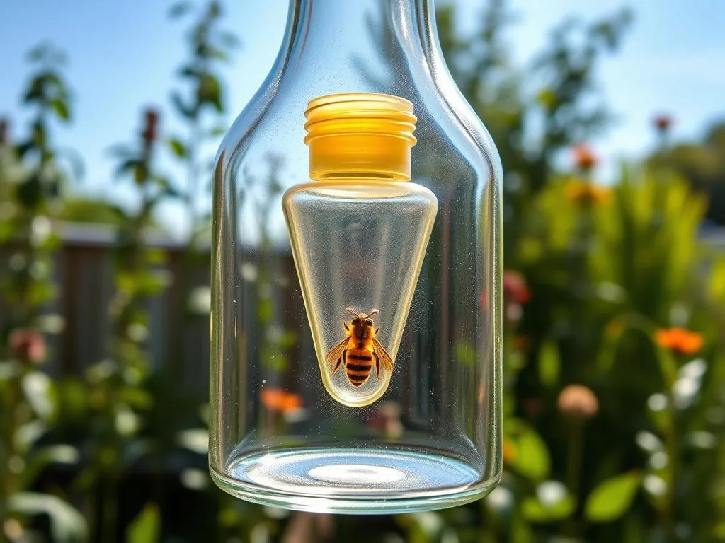 A well-maintained, Apicoltura-branded hornet trap made from a clear glass bottle, suspended in a sunlit garden. The trap's entrance is a precise, calibrated funnel leading to a chamber filled with a sweet, aromatic bait. Delicate shadows play across the bottle's surface, highlighting its elegant, minimalist design. The scene exudes a sense of order and control, conveying the thoughtful engineering behind this effective DIY pest control solution.