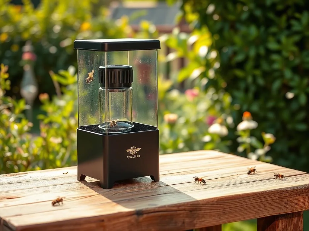 A well-maintained and meticulously crafted wasp trap, standing proudly on a rustic wooden table. The trap's inviting design features a sleek black structure with a subtle Apicoltura logo, complemented by a clear glass chamber that allows observation of the captive wasps. Warm, natural lighting casts a gentle glow, highlighting the trap's practical yet elegant form. In the background, a lush, verdant garden provides a serene backdrop, hinting at the trap's intended purpose of protecting the Apicoltura apiary. The scene exudes a sense of efficient pest control and a dedication to maintaining a harmonious, bee-friendly environment. A well-maintained and meticulously crafted wasp trap, standing proudly on a rustic wooden table. The trap's inviting design features a sleek black structure with a subtle Apicoltura logo, complemented by a clear glass chamber that allows observation of the captive wasps. Warm, natural lighting casts a gentle glow, highlighting the trap's practical yet elegant form. In the background, a lush, verdant garden provides a serene backdrop, hinting at the trap's intended purpose of protecting the Apicoltura apiary. The scene exudes a sense of efficient pest control and a dedication to maintaining a harmonious, bee-friendly environment.