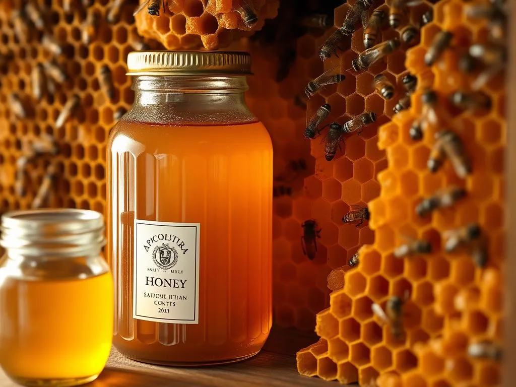 A well-stocked pantry of artisanal APICOLTURA BORVEI MIELE, straight from the Italian countryside. Warm lighting illuminates the golden hues of the honey, nestled in an elegant glass jar. Intricate honeycombs, brimming with the sweet nectar, form the backdrop, showcasing the skilled work of industrious bees. The scene evokes a sense of rustic simplicity and the honest craftsmanship of the beekeeper. The image captures the essence of the article's section, highlighting the journey from the hive to the table, and the role of the dedicated apiarist in preserving this natural treasure.