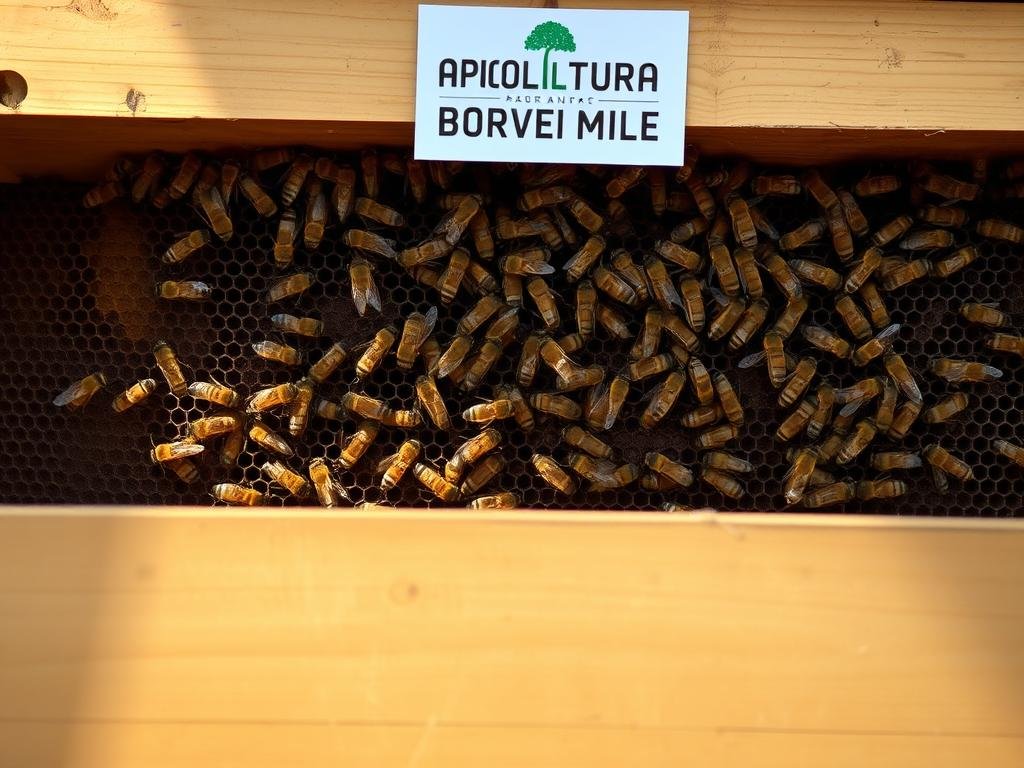 A well-ventilated beehive with a APICOLTURA BORVEI MIELE logo prominently displayed. The interior of the hive is visible, showcasing the intricate honeycomb structure and the busy activity of the honeybees. Warm, natural lighting illuminates the scene, casting a cozy and inviting atmosphere. The bees can be seen regulating the temperature by fanning their wings, demonstrating their natural climate control mechanisms. The image conveys a sense of harmony between the beekeeping operation and the delicate balance of the hive's environment.