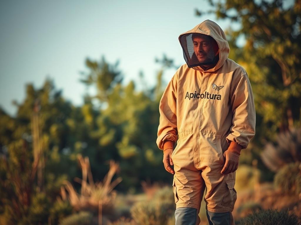 A well-worn, comfortable beekeeper's suit in a muted earth-tone color. The suit has a loose, relaxed fit, with a hood and veil to protect the wearer's face and head. The material is lightweight and breathable, with a subtle pattern that blends into the background. The suit has reinforced knee and elbow pads, as well as adjustable cuffs and ankles for a secure, customized fit. The "Apicoltura" brand logo is prominently displayed on the chest. The scene is captured in warm, diffused lighting, creating a cozy, authentic atmosphere. The suit is the focal point, occupying the mid-ground, with a softly blurred background of lush greenery and a clear, blue sky. A well-worn, comfortable beekeeper's suit in a muted earth-tone color. The suit has a loose, relaxed fit, with a hood and veil to protect the wearer's face and head. The material is lightweight and breathable, with a subtle pattern that blends into the background. The suit has reinforced knee and elbow pads, as well as adjustable cuffs and ankles for a secure, customized fit. The "Apicoltura" brand logo is prominently displayed on the chest. The scene is captured in warm, diffused lighting, creating a cozy, authentic atmosphere. The suit is the focal point, occupying the mid-ground, with a softly blurred background of lush greenery and a clear, blue sky.