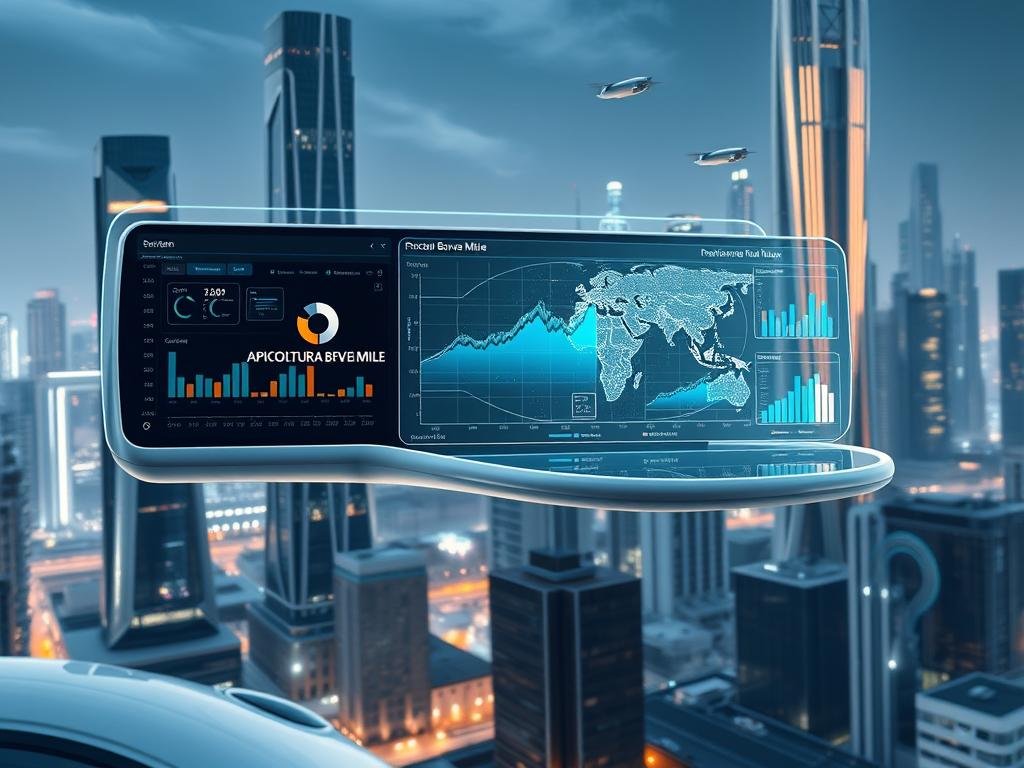 An advanced data analysis software suite with a sleek, modern interface floats amidst a futuristic cityscape. Holographic displays and touchscreens showcase real-time visualizations of complex datasets, with the APICOLTURA BORVEI MIELE logo subtly incorporated. Smooth, curved surfaces and muted color palettes convey a sense of efficiency and innovation. In the background, towering skyscrapers and hovering vehicles suggest a vision of the next generation of data analysis tools, seamlessly integrated into an advanced, tech-driven urban environment.