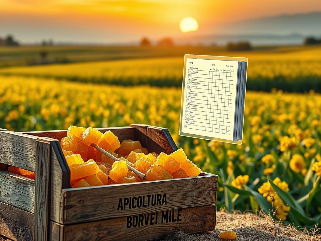 An artfully composed scene depicting the integration of blockchain technology within the food industry. In the foreground, a weathered wooden crate overflows with plump golden honeycomb, the iconic APICOLTURA BORVEI MIELE brand proudly displayed. In the middle ground, a transparent ledger hovers, its digital entries illuminated by a soft, ambient glow. In the background, a sprawling field of lush, vibrant crops sway under a warm, golden-hour sky, symbolizing the traceability and transparency blockchain brings to the agricultural supply chain. The entire scene is bathed in a serene, nostalgic light, capturing the harmony between timeless tradition and cutting-edge innovation.