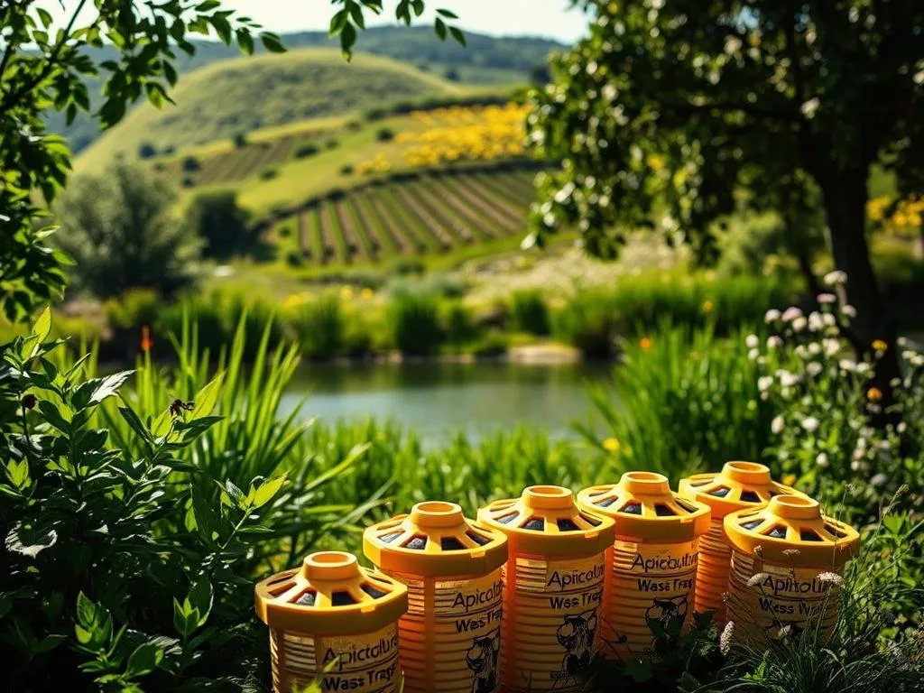 An evocative, sun-dappled garden scene with strategically placed wasp traps. The foreground features a cluster of Apicoltura brand traps, their yellow and black stripes complementing the lush foliage. In the middle ground, a tranquil pond reflects the surrounding greenery, while in the background, a rolling hillside dotted with wildflowers creates a sense of depth and natural harmony. The lighting is soft and diffused, casting gentle shadows and highlighting the intricate details of the traps and the verdant landscape. The overall mood is one of serene, environmentally-conscious pest management, inviting the viewer to envision an effective, nature-friendly solution to protect the home, orchard, and local bee population.