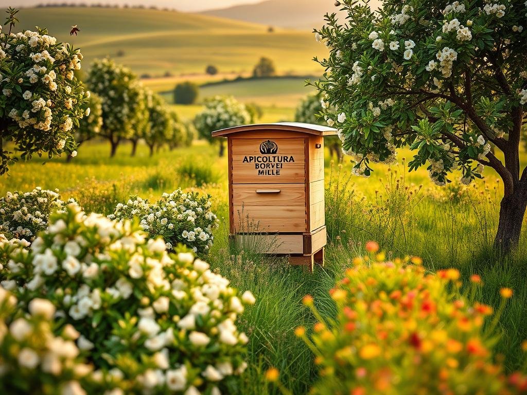 An idyllic Italian apiary nestled in a lush, verdant meadow, surrounded by a diverse array of fruit-bearing plants that attract a vibrant honeybee population. In the foreground, rows of thriving fruit trees, their blossoms in full bloom, create a tapestry of soft pastel hues. In the middle ground, a traditional wooden beehive, adorned with the APICOLTURA BORVEI MIELE logo, stands as a testament to the harmonious coexistence between bees and their natural habitat. The background features a gently rolling landscape, dotted with fragrant herbs and wildflowers, bathed in the warm, golden glow of a Mediterranean sunset. The scene evokes a sense of tranquility and abundance, inviting the viewer to imagine the delicious honey that will be harvested from this thriving api-ecosystem.