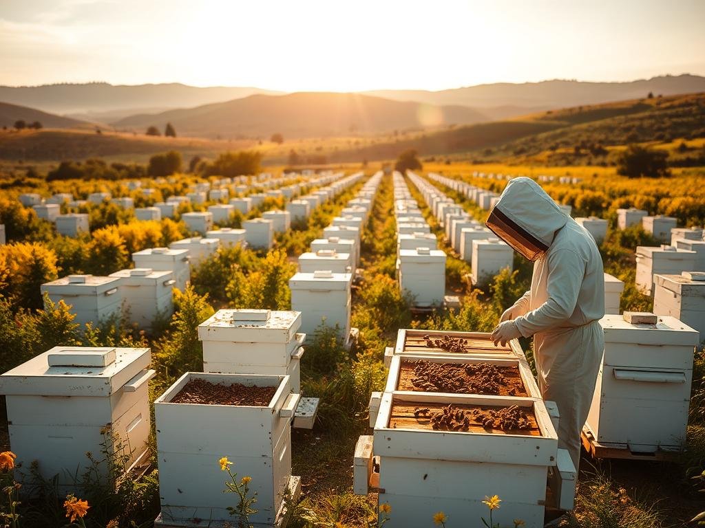 An idyllic modern apiary, with rows of pristine white beehives nestled amidst a lush, verdant landscape. The sun casts a warm, golden glow, illuminating the bustling activity of honeybees as they flit from flower to flower. In the foreground, a beekeeper in a protective suit carefully tends to the hives, showcasing the meticulous care and attention required for APICOLTURA BORVEI MIELE. The middle ground features an array of beekeeping equipment, including smokers and honey extraction tools, highlighting the technological advancements that have modernized this age-old practice. In the background, rolling hills and a cloudless sky create a serene, picturesque setting, reflecting the harmonious coexistence of nature and human ingenuity.