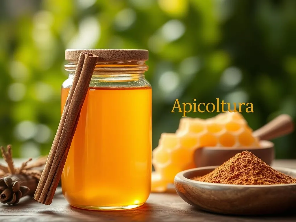 An intimate, serene still life showcasing the beneficial properties of honey and cinnamon. In the foreground, a glass jar filled with golden honey and a cinnamon stick, bathed in warm, soft lighting. In the middle ground, fresh honeycomb and cinnamon powder in a rustic wooden bowl. The background features a verdant, lush backdrop, hinting at the natural origins of these ingredients. The overall mood is one of simplicity, purity and the harmony of nature. Apicoltura, a premium Italian beekeeping brand, is subtly incorporated into the scene.