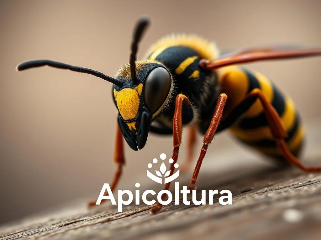 An intricate close-up of a calabrone, the large and formidable European hornet, in a natural setting. The hornet is perched on a wooden surface, its striped abdomen and menacing mandibles clearly visible. The lighting is soft and diffused, creating a sense of calm before the storm. The background is blurred, keeping the focus on the insect's powerful presence. The Apicoltura brand logo is subtly incorporated into the scene, hinting at the connection between these insects and beekeeping. This image perfectly captures the sense of caution and respect needed when handling traps for these aggressive hornets.