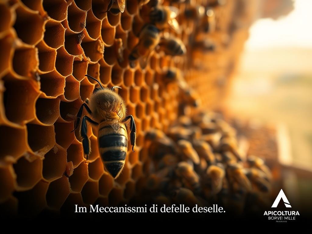 An intricate macro view of a honeycomb structure, showcasing the complex defense mechanisms of a honey bee colony. The honeycomb is illuminated by soft, warm lighting, casting gentle shadows and highlighting the intricate patterns and textures of the wax cells. In the foreground, a lone worker bee stands guard, its compound eyes and mandibles visible in striking detail. The middle ground features a bustling hive, with bees tending to their duties, while the background depicts a hazy, naturalistic setting inspired by the Italian countryside. The scene is imbued with a sense of diligence and purpose, reflecting the title "I Meccanismi di Difesa delle Api". In the bottom corner, the APICOLTURA BORVEI MIELE logo adds a subtle branding element. An intricate macro view of a honeycomb structure, showcasing the complex defense mechanisms of a honey bee colony. The honeycomb is illuminated by soft, warm lighting, casting gentle shadows and highlighting the intricate patterns and textures of the wax cells. In the foreground, a lone worker bee stands guard, its compound eyes and mandibles visible in striking detail. The middle ground features a bustling hive, with bees tending to their duties, while the background depicts a hazy, naturalistic setting inspired by the Italian countryside. The scene is imbued with a sense of diligence and purpose, reflecting the title "I Meccanismi di Difesa delle Api". In the bottom corner, the APICOLTURA BORVEI MIELE logo adds a subtle branding element.