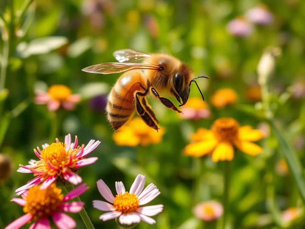 Apis mellifera ligustica, the iconic Italian honeybee, gracefully alighting on a vibrant field of wildflowers. Its golden-hued abdomen glistens in the warm, natural sunlight as it diligently collects nectar, a true embodiment of the "Apicoltura" (Beekeeping) industry. The scene is framed by lush, verdant foliage, creating a harmonious and serene atmosphere. Detailed close-up perspective showcases the intricate features of this remarkable insect, capturing the essence of "Apis Mellifera Ligustica: L'Ape Italiana per Eccellenza" (The Italian Honeybee Par Excellence).