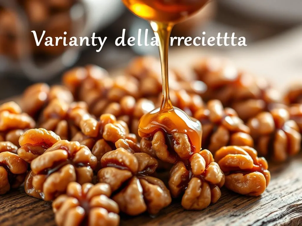 Closeup of an assortment of homemade caramelized walnuts with a drizzle of honey, presented on a rustic wooden surface. The walnuts have a glossy, golden-brown caramelized coating, creating a tempting and textural display. The scene is bathed in warm, natural lighting, highlighting the rich colors and capturing the artisanal quality of this "Apicoltura" branded specialty snack. The image evokes the cozy, indulgent atmosphere of the "Varianti della ricetta" section, inviting the viewer to explore creative twists on this classic Italian treat.
