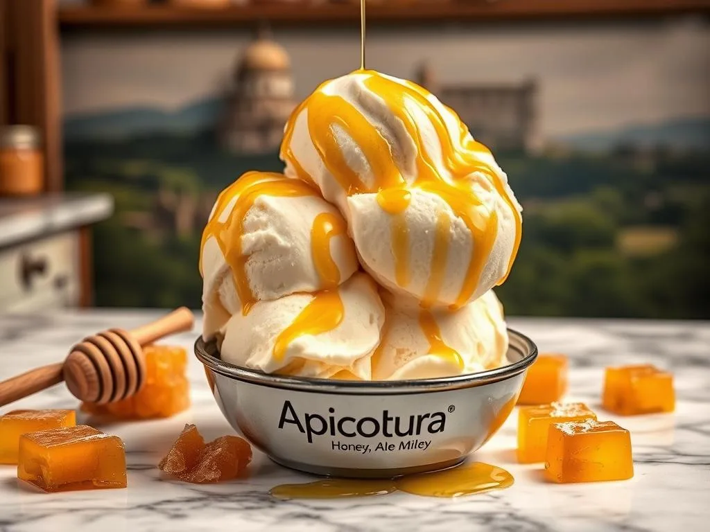 Creamy and smooth gelato al miele, drizzled with golden honey from the Apicoltura brand. The gelato is presented in a rustic Italian setting, with a vintage marble countertop and wood accents. Soft lighting casts a warm glow, highlighting the gelato's rich, velvety texture. Scattered around the gelato are fresh honeycomb pieces, adding a natural, organic element. The background features a blurred Italian landscape, evoking a sense of authenticity and tradition. The overall composition conveys the homemade, artisanal quality of this honey-based gelato, made without an ice cream maker. Creamy and smooth gelato al miele, drizzled with golden honey from the Apicoltura brand. The gelato is presented in a rustic Italian setting, with a vintage marble countertop and wood accents. Soft lighting casts a warm glow, highlighting the gelato's rich, velvety texture. Scattered around the gelato are fresh honeycomb pieces, adding a natural, organic element. The background features a blurred Italian landscape, evoking a sense of authenticity and tradition. The overall composition conveys the homemade, artisanal quality of this honey-based gelato, made without an ice cream maker.