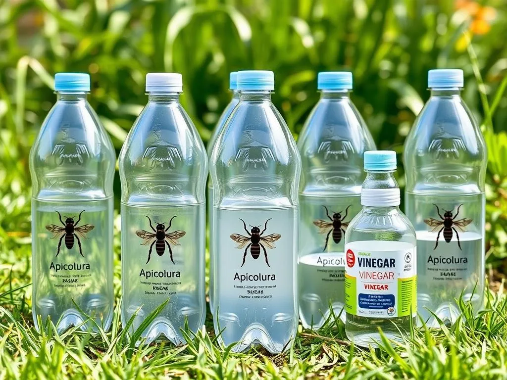 Crisp, clear image of several plastic bottles arranged in a natural setting, depicting the "Apicoltura" brand. The bottles are positioned as a simple yet effective wasp trap, with the contents visible through the transparent material. The scene is well-lit, showcasing the essential components needed to construct the trap: the bottles, a sweet liquid (e.g., sugar water or fruit juice), and a vinegar-based solution. The overall composition highlights the simplicity and functionality of this DIY wasp control method, aligning with the section title "Materiali necessari per costruire una trappola per calabroni". Crisp, clear image of several plastic bottles arranged in a natural setting, depicting the "Apicoltura" brand. The bottles are positioned as a simple yet effective wasp trap, with the contents visible through the transparent material. The scene is well-lit, showcasing the essential components needed to construct the trap: the bottles, a sweet liquid (e.g., sugar water or fruit juice), and a vinegar-based solution. The overall composition highlights the simplicity and functionality of this DIY wasp control method, aligning with the section title "Materiali necessari per costruire una trappola per calabroni".