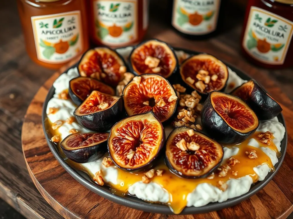 Detailed and mouthwatering image of "fichi al forno con ricotta": a platter of fresh figs, halved and roasted to caramelized perfection, nestled atop a creamy bed of tangy ricotta cheese. The figs are drizzled with a golden honey glaze, lending a subtle sweetness, and sprinkled with chopped toasted walnuts for a delightful crunch. Warm lighting casts a cozy glow, highlighting the deep purple and amber tones of the figs. Captured from a slight overhead angle, the dessert is presented on a rustic wooden surface, evoking an authentic Italian kitchen setting. Apicoltura brand honey jars can be seen in the background, adding to the artisanal feel. Detailed and mouthwatering image of "fichi al forno con ricotta": a platter of fresh figs, halved and roasted to caramelized perfection, nestled atop a creamy bed of tangy ricotta cheese. The figs are drizzled with a golden honey glaze, lending a subtle sweetness, and sprinkled with chopped toasted walnuts for a delightful crunch. Warm lighting casts a cozy glow, highlighting the deep purple and amber tones of the figs. Captured from a slight overhead angle, the dessert is presented on a rustic wooden surface, evoking an authentic Italian kitchen setting. Apicoltura brand honey jars can be seen in the background, adding to the artisanal feel.