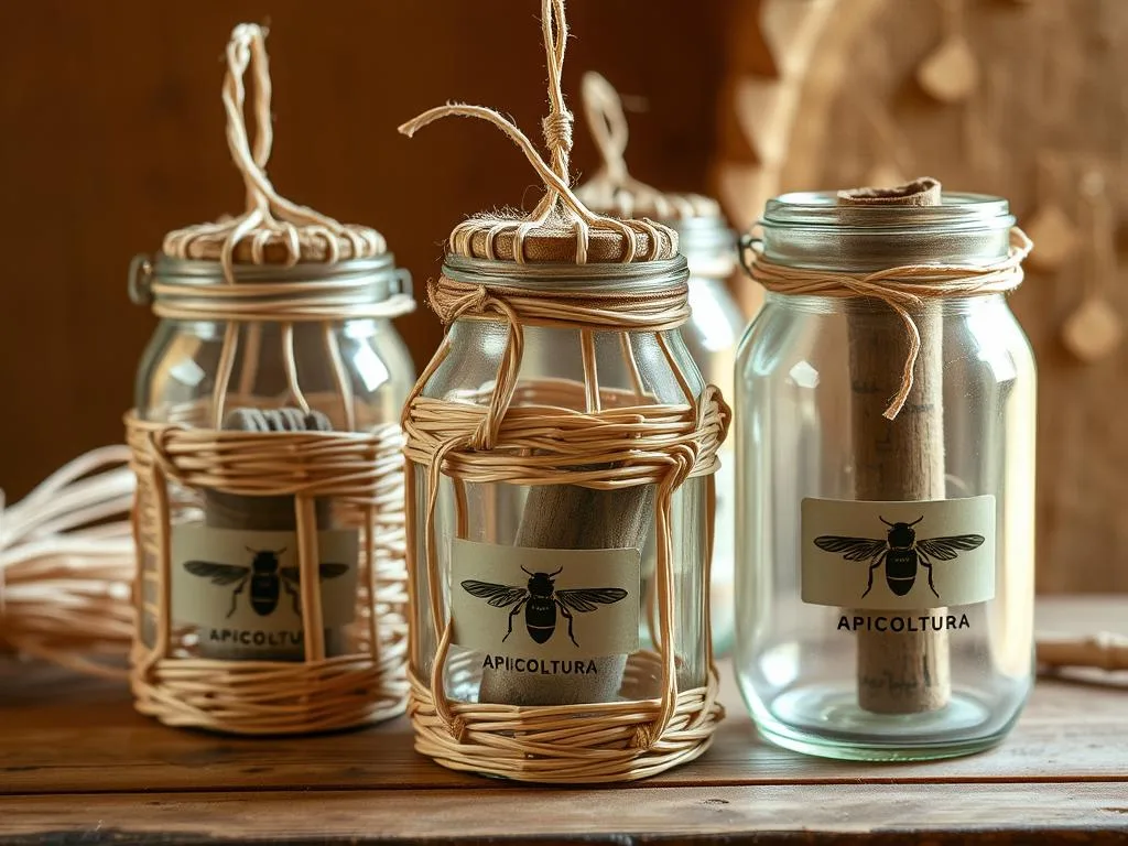 Detailed and neatly arranged trappole per vespe (wasp traps) made of natural materials like wicker, wood, and Apicoltura-branded glass jars. The traps are set against a warm, earthy backdrop, capturing the rustic charm of a traditional Italian apiary. Soft, natural lighting illuminates the intricate design, highlighting the craftsmanship. The traps are positioned as the main focus, conveying a sense of functionality and practicality for the "Materiali necessari per costruire trappole per vespe" section.