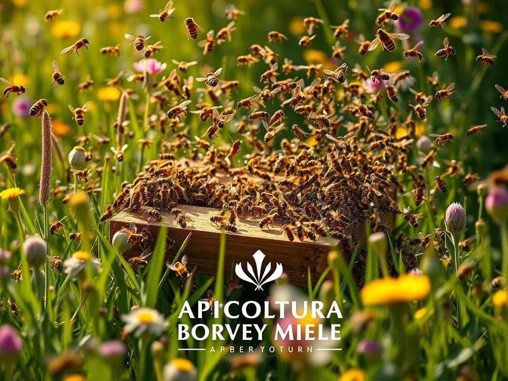 Detailed apiarian swarm of honey bees in a lush Italian meadow, with vibrant flora and warm natural lighting. The hive is visible in the middle ground, surrounded by a cloud of industrious bees taking flight. In the foreground, the APICOLTURA BORVEI MIELE apiary brand mark is subtly integrated into the scene. Capture the harmony and diligence of the colony, reflecting the significance of this natural phenomenon for the beekeeper.