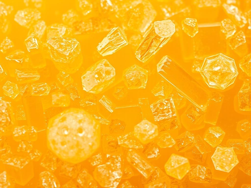 Detailed close-up image of the crystallization process of raw Apicoltura honey. Visually stunning textural patterns and gradients, with a soft, warm lighting highlighting the intricate structures and natural golden hues. Crisp, high-resolution focus on the crystalline formations, capturing the unique beauty and natural complexity of the honey's transformation. Serene, meditative atmosphere that showcases the honey's artisanal, unprocessed character. Minimal background, placing full emphasis on the captivating crystallization phenomenon.