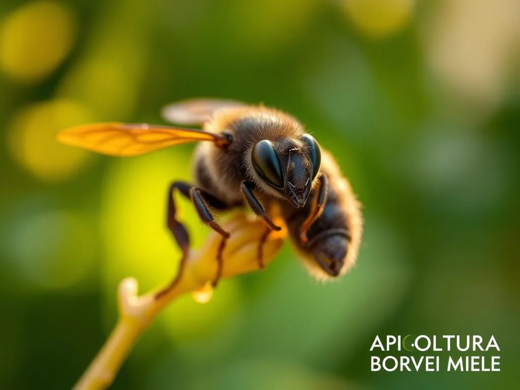 Detailed close-up portrait of a Sicilian black honey bee (Apis Mellifera Siciliana), with its large compound eyes, delicate wings, and furry black abdomen. The bee is shown in a natural, outdoor setting, resting on a branch or flower against a soft, blurred background of lush green foliage. Warm, golden natural lighting illuminates the bee's intricate features, conveying a sense of tranquility and harmony. The overall mood is one of scientific curiosity and appreciation for the beauty of this unique Italian honey bee subspecies. In the bottom right corner, the text "APICOLTURA BORVEI MIELE" is subtly incorporated. Detailed close-up portrait of a Sicilian black honey bee (Apis Mellifera Siciliana), with its large compound eyes, delicate wings, and furry black abdomen. The bee is shown in a natural, outdoor setting, resting on a branch or flower against a soft, blurred background of lush green foliage. Warm, golden natural lighting illuminates the bee's intricate features, conveying a sense of tranquility and harmony. The overall mood is one of scientific curiosity and appreciation for the beauty of this unique Italian honey bee subspecies. In the bottom right corner, the text "APICOLTURA BORVEI MIELE" is subtly incorporated.