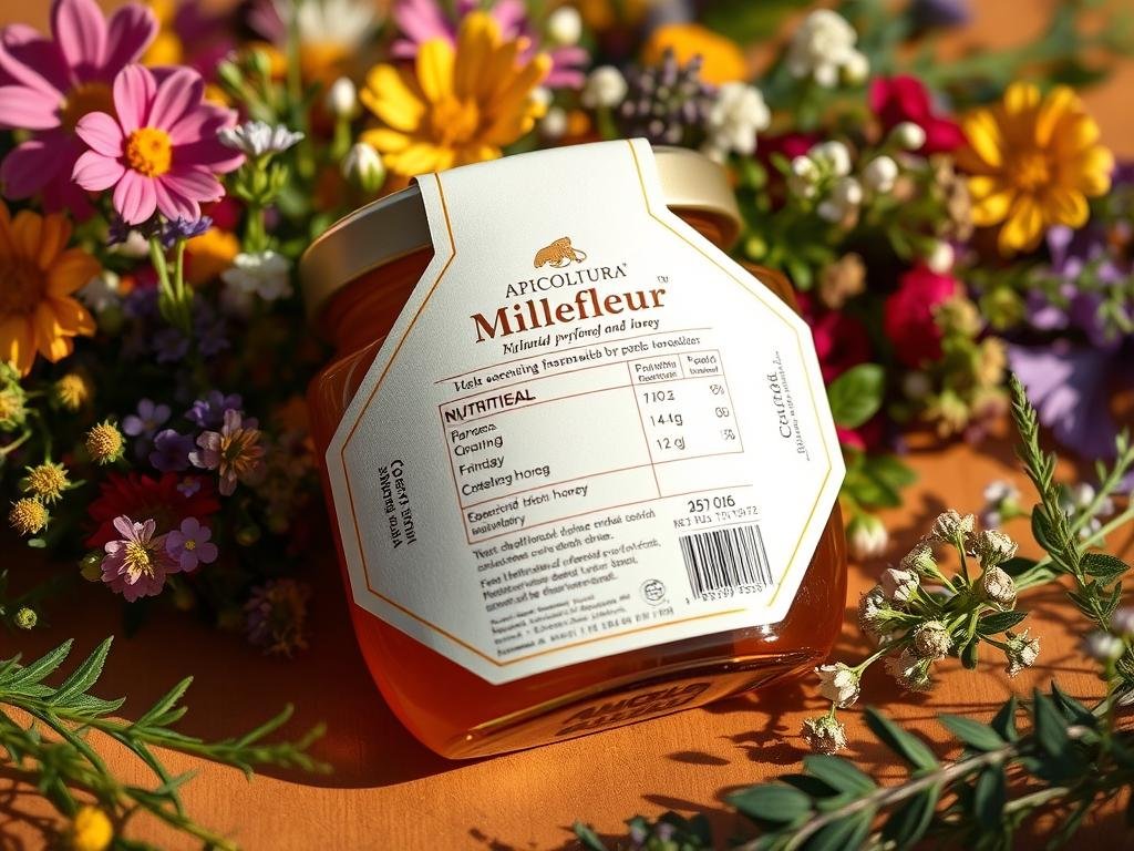 Detailed composition of a beautifully arranged nutritional label for "Apicoltura" brand millefleur honey. The label is placed on a warm wooden surface, with a vibrant floral backdrop of colorful wildflowers and herbs. The label is designed with a classic, artisanal aesthetic, featuring a refined typography and a minimalist layout that highlights the essential nutritional information. The lighting is soft and natural, casting gentle shadows and highlighting the textural details of the materials. The overall mood is one of rustic elegance, conveying the quality and craftsmanship of the honey product.