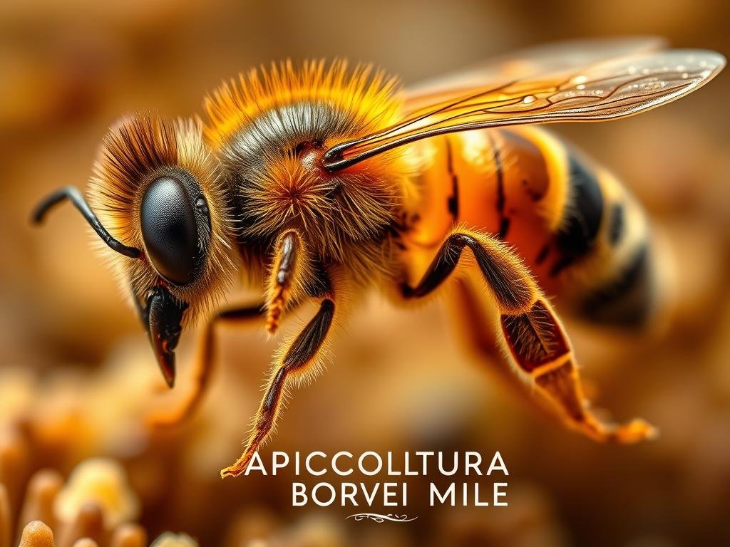Detailed cross-section of a honey bee's anatomy, showcasing its intricate internal structures. Precise rendering of the bee's compound eyes, proboscis, thorax, abdomen, and other key anatomical features. Crisp, high-resolution image captured with a macro lens in natural, soft lighting that enhances the visuals. Warm, earthy tones and a serene, educational atmosphere to complement the subject matter. Prominent placement of the "APICOLTURA BORVEI MIELE" brand name to reflect the article's focus on apiculture and bee health.