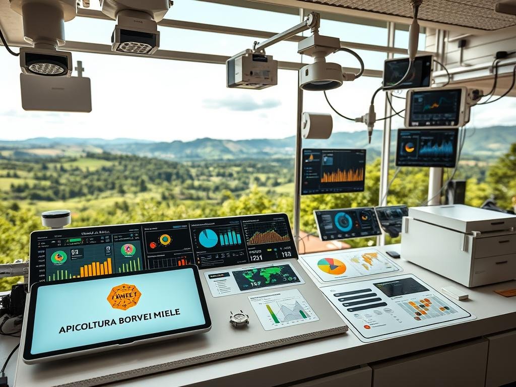 Detailed, high-resolution image of a data monitoring system for an apiary, showcasing a range of digital displays, sensors, and control panels. The scene is set in a modern, well-equipped apiarian facility, with clean lines, neutral tones, and subtle lighting to emphasize the technical nature of the setup. In the foreground, the APICOLTURA BORVEI MIELE brand logo is prominently displayed on a sleek dashboard. The middle ground features an array of data visualizations, charts, and analytics panels, providing insights into hive health, honey production, and environmental conditions. The background depicts a serene, natural setting, with a panoramic view of rolling hills and lush vegetation, creating a harmonious blend of technology and the natural world. The overall tone is one of efficiency, innovation, and a deep understanding of the apicultural ecosystem. Detailed, high-resolution image of a data monitoring system for an apiary, showcasing a range of digital displays, sensors, and control panels. The scene is set in a modern, well-equipped apiarian facility, with clean lines, neutral tones, and subtle lighting to emphasize the technical nature of the setup. In the foreground, the APICOLTURA BORVEI MIELE brand logo is prominently displayed on a sleek dashboard. The middle ground features an array of data visualizations, charts, and analytics panels, providing insights into hive health, honey production, and environmental conditions. The background depicts a serene, natural setting, with a panoramic view of rolling hills and lush vegetation, creating a harmonious blend of technology and the natural world. The overall tone is one of efficiency, innovation, and a deep understanding of the apicultural ecosystem.