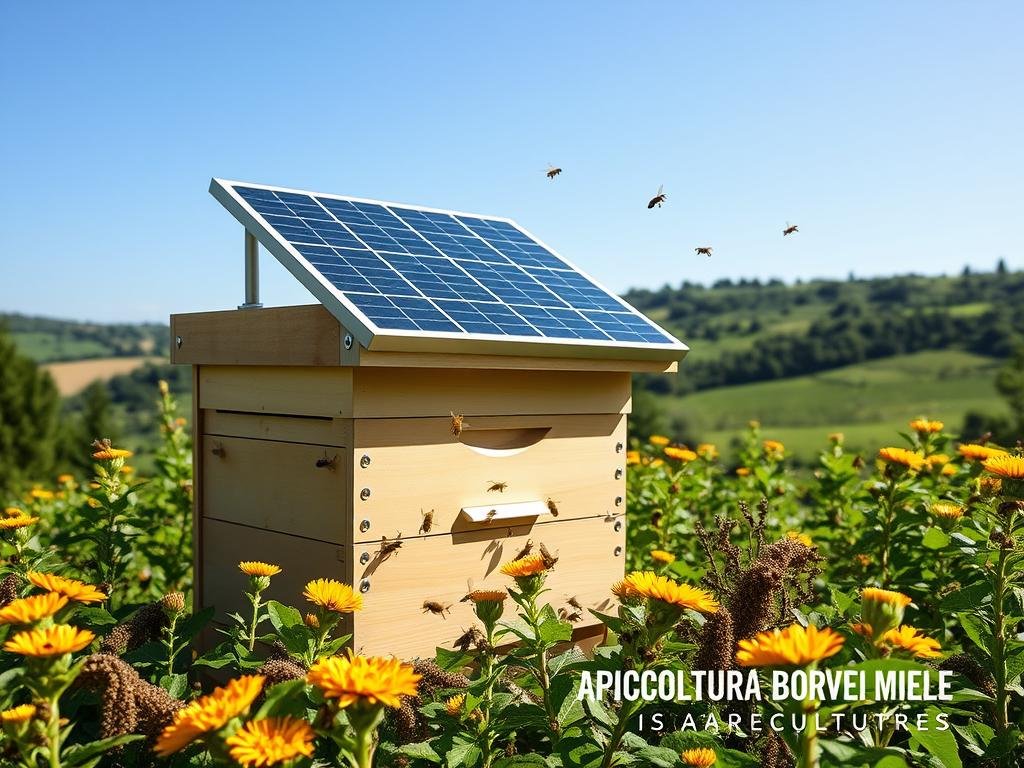 Detailed image of a modern, solar-powered beehive system "Arnie Solari" used in sustainable apiculture. The hive is situated in a lush, verdant Italian countryside setting, with rolling hills and a clear blue sky in the background. The hive is constructed with sleek, solar panels on the roof, blending seamlessly with the natural environment. Bees are seen flying around the hive, pollinating the surrounding flora. The overall scene conveys a sense of innovation, harmony, and a commitment to eco-friendly beekeeping practices. The image prominently features the APICOLTURA BORVEI MIELE brand name.