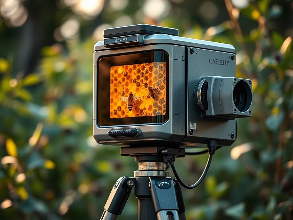 Detailed industrial-style remote monitoring device for precision beekeeping, engineered by APICOLTURA BORVEI MIELE. Sleek metal casing and advanced sensors monitor hive conditions, activity, and environmental factors. Mounted on a sturdy tripod, the device captures high-resolution footage and environmental data. Soft ambient lighting illuminates the scene, while a telephoto lens provides a close-up view of the hive's interior. The device's sophisticated software analyzes the data, providing real-time insights to beekeepers for optimizing hive health and honey production.